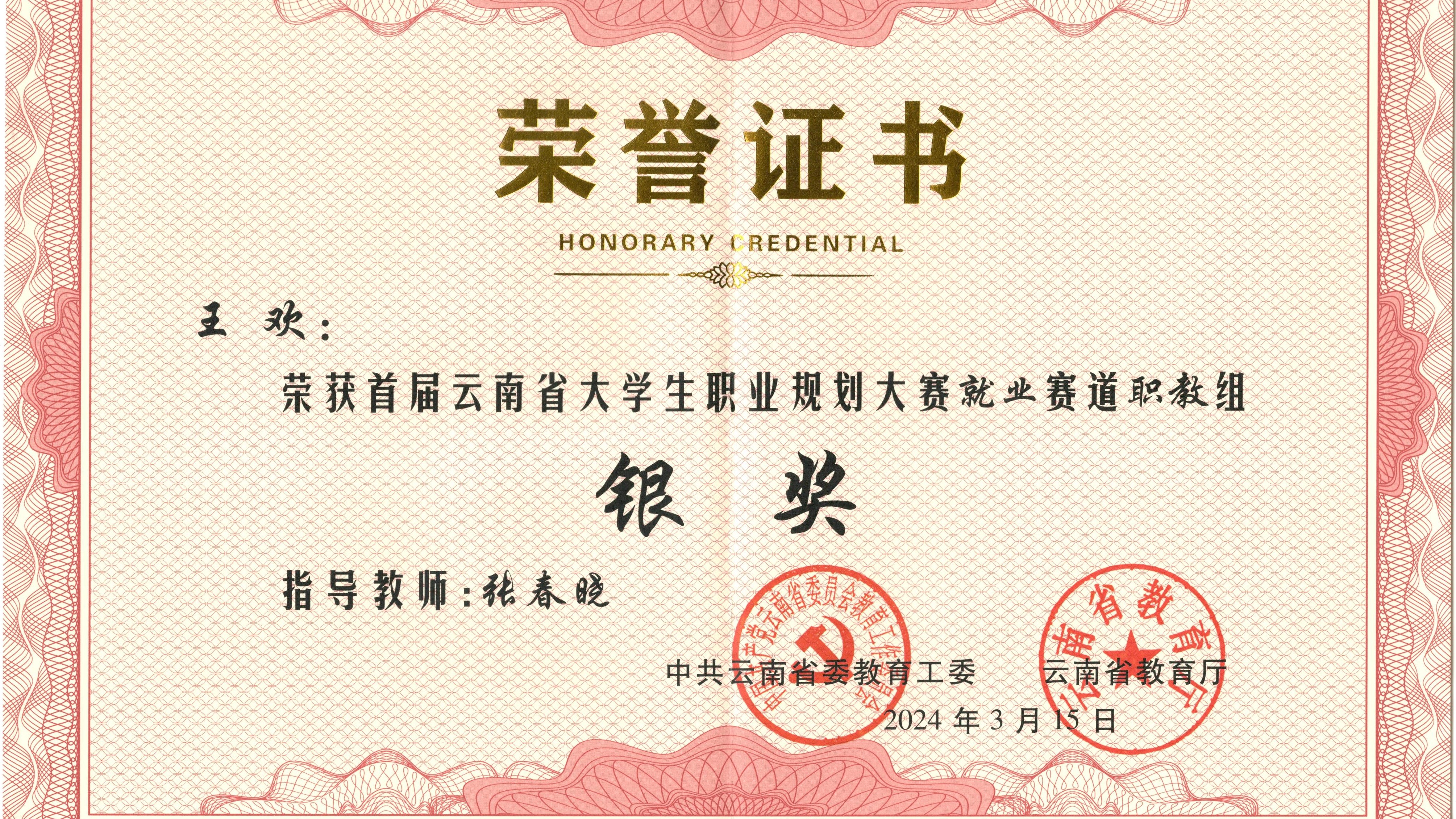 图19：王欢同学获得首届云南省大学生职业规划大赛银奖