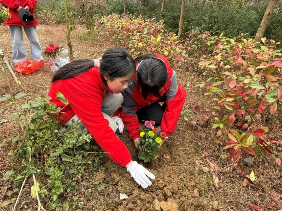 图为学生在校园内栽种花卉