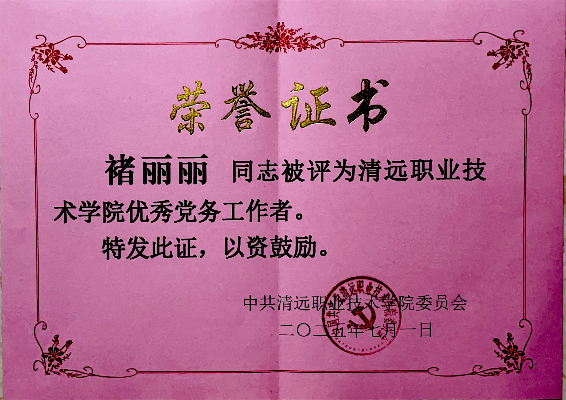 褚丽丽2025年优秀党务工作者