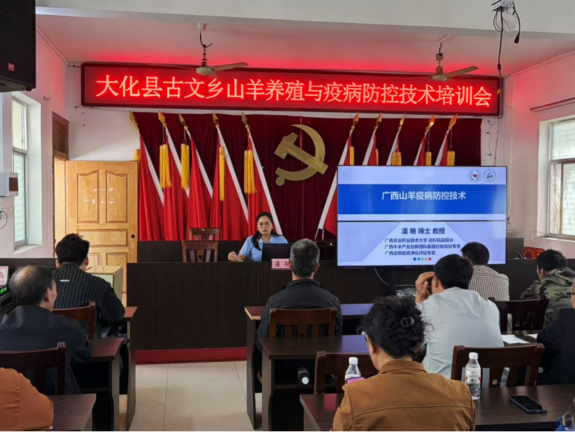 图1 广西农职大动科院教师第一党支部书记潘艳为古文乡牛羊养殖户开展生态养殖培训