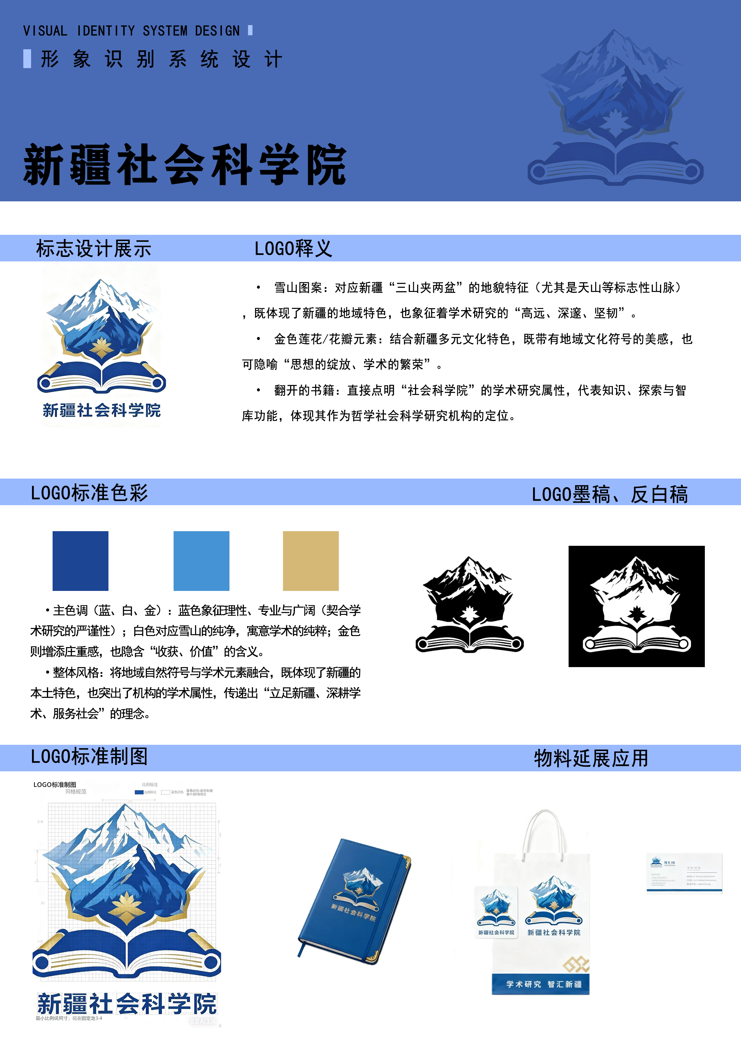 雪山图案:对应新疆“三山夹两盆”的地貌特征(尤其是天山等标志性山脉)既体现了新疆的地域特色，也象征着学术研究的“高远、深邃、坚韧”金色莲花/花瓣元素:结合新疆多元文化特色，既带有地域文化符号的美感，也可隐喻“思想的乡放、学术的繁荣”
翻开的书籍:直接点明“社会科学院”的学术研究属性，代表知识、探索与智库功能，体现其作为哲学社会科学研究机构的定位。