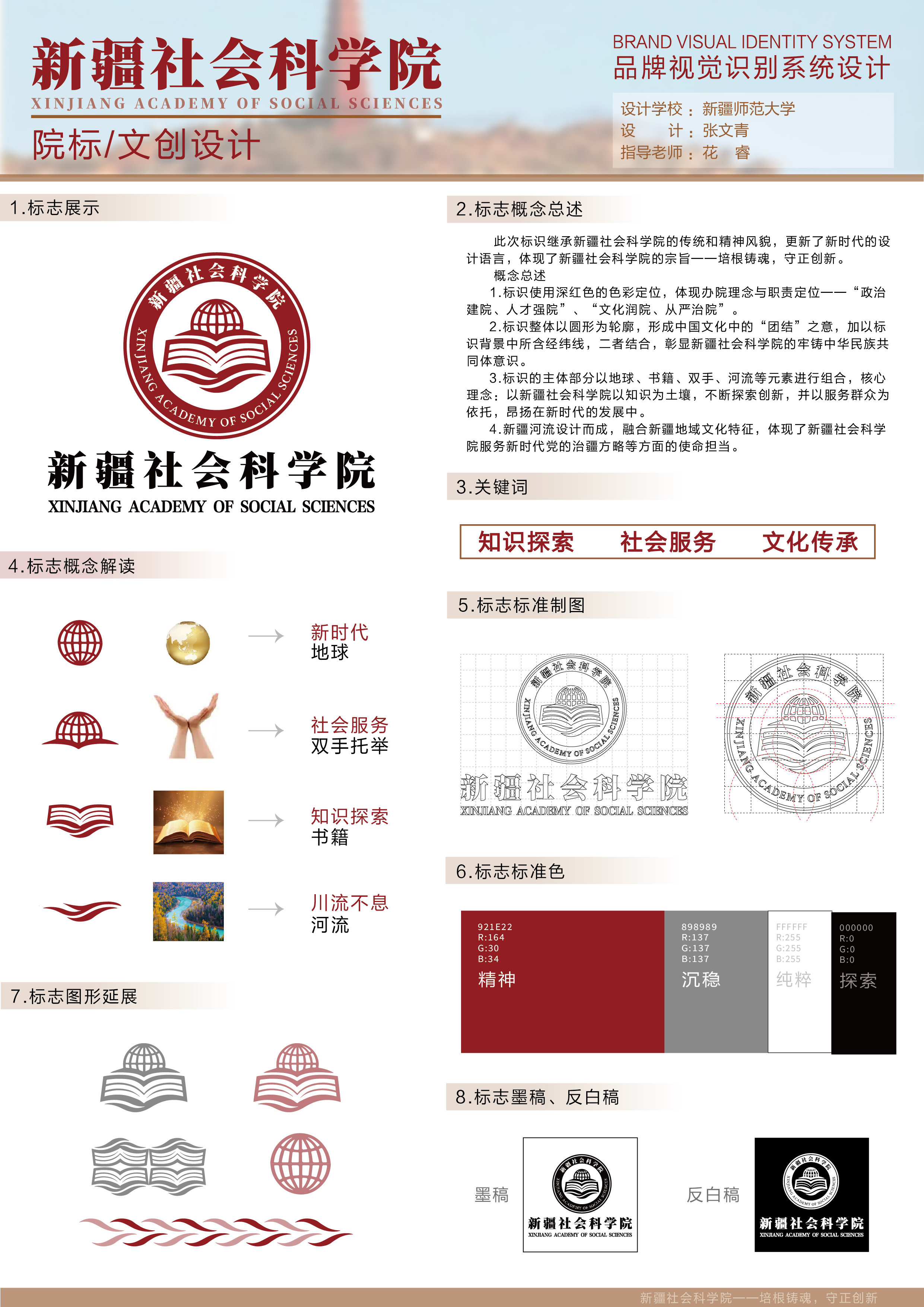 此次标识继承新疆社会科学院的传统和精神风貌，更新了新时代的设计语言，体现了新疆社会科学院的宗旨--培根铸魂，守正创新。
标识使用深红色的色彩定位，体现办院理念与职责定位--“政治建院、人才强院”、“文化润院、从严治院”。标识整体以圆形为轮廓，形成中国文化中的“团结”之意，加以标识背景中所含经纬线，二者结合，彰显新疆社会科学院的牢铸中华民族共同体意识。