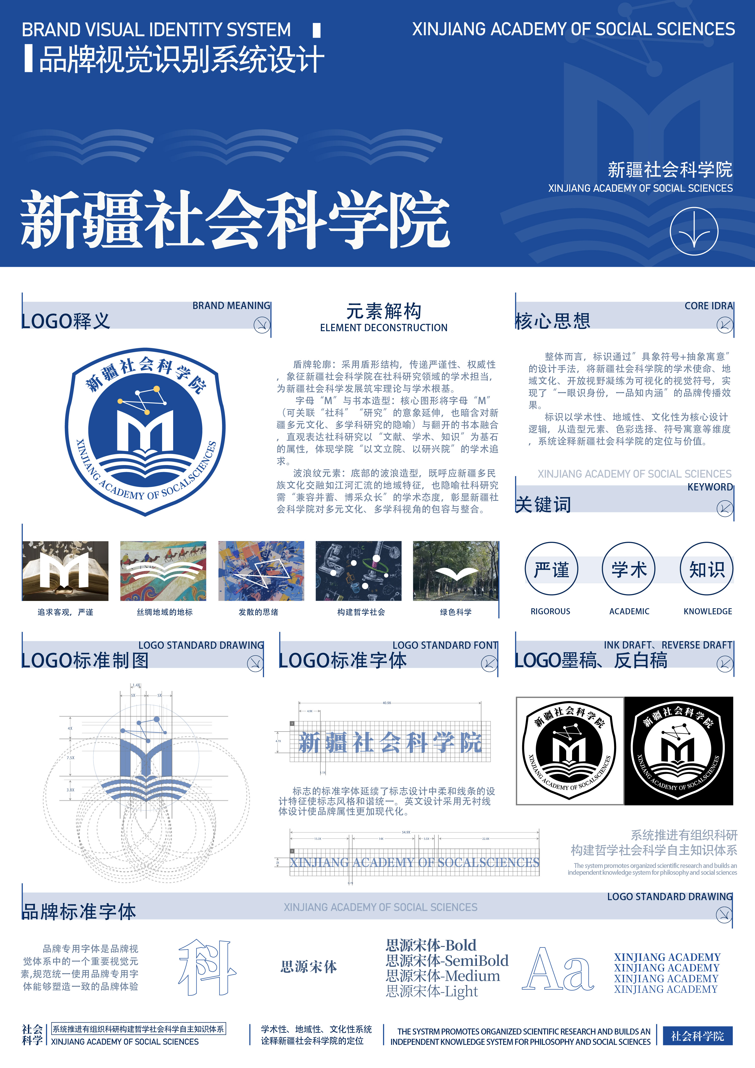 盾牌轮廓:采用盾形结构，传递严谨性、权威性象征新疆社会科学院在社科研究领域的学术担当，为新疆社会科学发展筑牢理论与学术根基。字母“M”与书本造型:核心图形将字母“M'(可关联“社科”“研究”的意象延伸，也暗含对新疆多元文化、多学科研究的隐喻)与翻开的书本融合直观表达社科研究以“文献、学术、知识”为基石的属性，体现学院“以文立院、以研兴院”的学术追求。