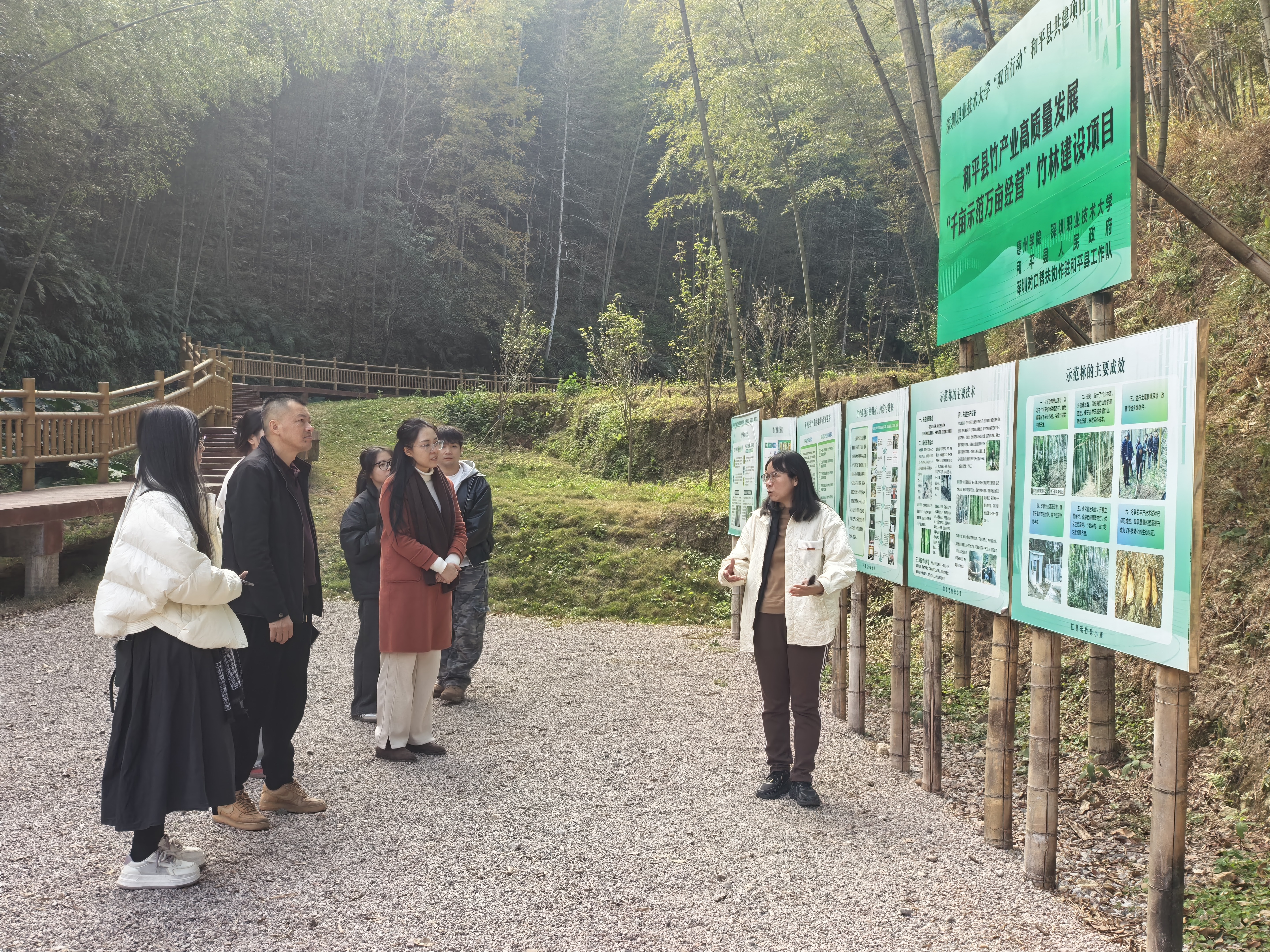 省“双百行动”驻和平县服务队队长张莉琼在翠山竹海向团队讲解竹产业概况